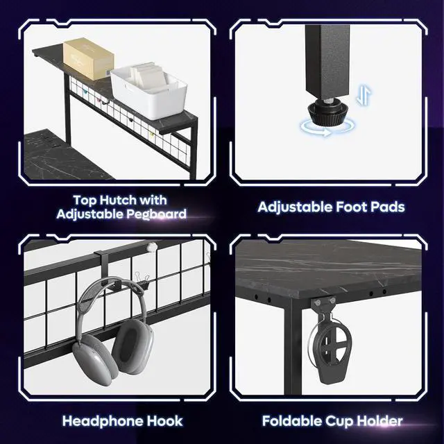 Alt view image 5 of 7 - Bestier 42 L Gaming Desk,Computer Desk with Power Outlets, LED Lights, Reversible Corner Desk with 4-Tier Shelves,Cup Holder & Hook Black Marble