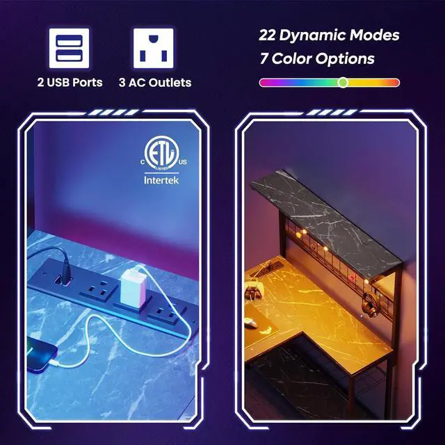 Alt view image 6 of 7 - Bestier 42 L Gaming Desk,Computer Desk with Power Outlets, LED Lights, Reversible Corner Desk with 4-Tier Shelves,Cup Holder & Hook Black Marble