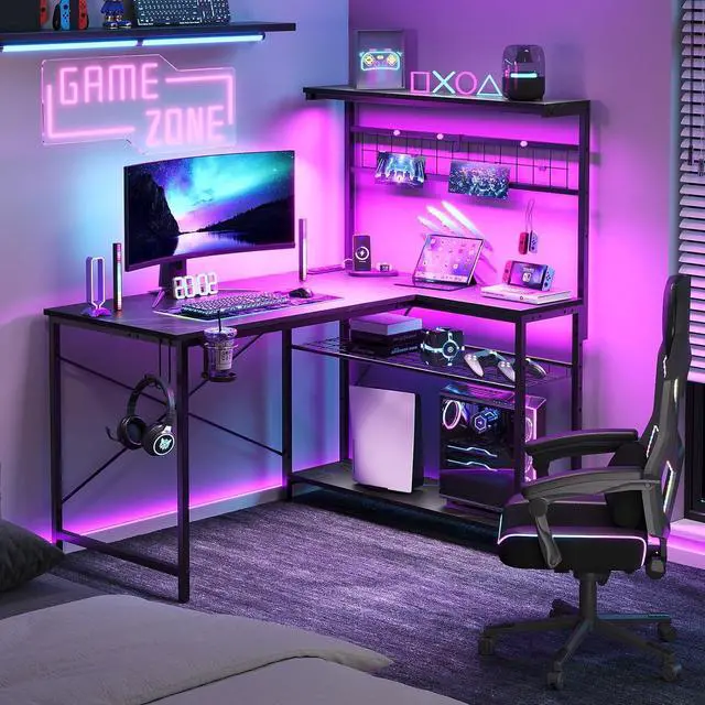 Alt view image 7 of 7 - Bestier 42 L Gaming Desk,Computer Desk with Power Outlets, LED Lights, Reversible Corner Desk with 4-Tier Shelves,Cup Holder & Hook Black Marble