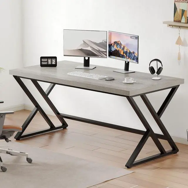 Main image of LVB Grey Desk, Industrial Wood Home Office Computer Desk for Bedroom, Farmhouse Metal Wooden Study Work PC Gaming Writing Table, Modern Simple Executive Writing Desk, 47 Inch, Light Gray