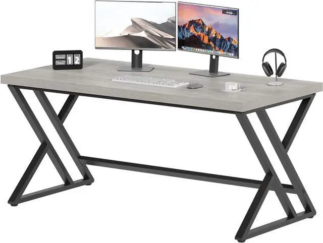 Alt view image 2 of 7 - LVB Grey Desk, Industrial Wood Home Office Computer Desk for Bedroom, Farmhouse Metal Wooden Study Work PC Gaming Writing Table, Modern Simple Executive Writing Desk, 47 Inch, Light Gray