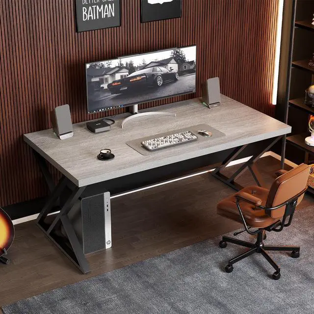 Alt view image 4 of 7 - LVB Grey Desk, Industrial Wood Home Office Computer Desk for Bedroom, Farmhouse Metal Wooden Study Work PC Gaming Writing Table, Modern Simple Executive Writing Desk, 47 Inch, Light Gray
