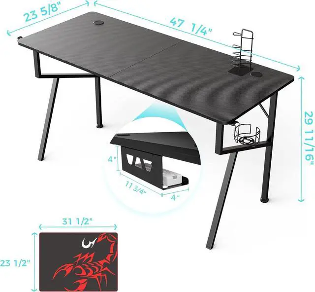 Alt view image 3 of 7 - EE EUREKA ERGONOMIC Gaming Desk 55", K Shaped Large Gaming Computer Desk Home Office PC Gamer Desk Table with Mouse Pad Headphone Hook Cup Holder, Black