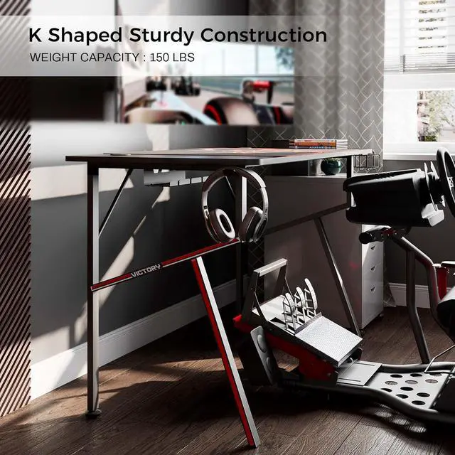 Alt view image 7 of 7 - EE EUREKA ERGONOMIC Gaming Desk 55", K Shaped Large Gaming Computer Desk Home Office PC Gamer Desk Table with Mouse Pad Headphone Hook Cup Holder, Black