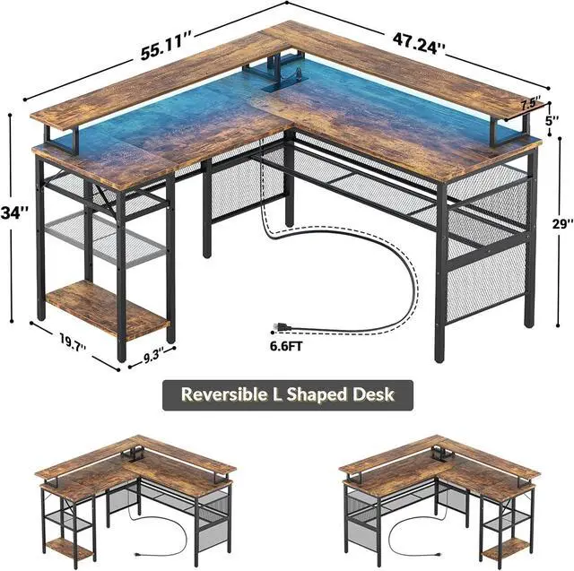 Alt view image 2 of 7 - Unikito L Shaped Desk with LED Light and Power Outlet, Reversible Corner Computer Table with Monitor Stand and Storage Shelf, Modern L- Shaped Gaming Desk, Ergonomic Home Office Desk, Rustic Brown