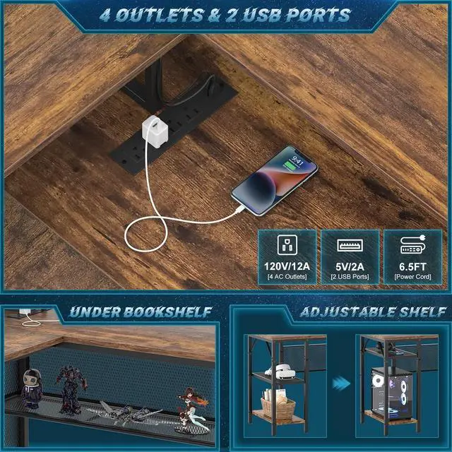 Alt view image 3 of 7 - Unikito L Shaped Desk with LED Light and Power Outlet, Reversible Corner Computer Table with Monitor Stand and Storage Shelf, Modern L- Shaped Gaming Desk, Ergonomic Home Office Desk, Rustic Brown
