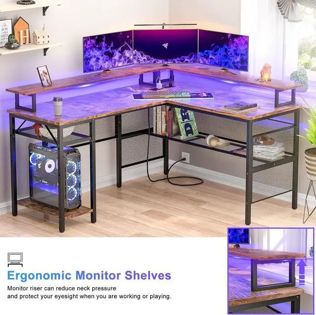 Alt view image 4 of 7 - Unikito L Shaped Desk with LED Light and Power Outlet, Reversible Corner Computer Table with Monitor Stand and Storage Shelf, Modern L- Shaped Gaming Desk, Ergonomic Home Office Desk, Rustic Brown