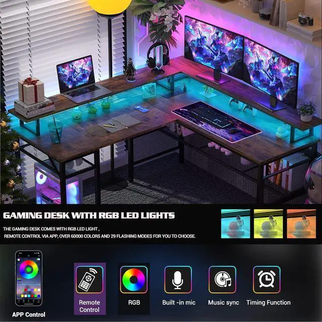 Alt view image 5 of 7 - Unikito L Shaped Desk with LED Light and Power Outlet, Reversible Corner Computer Table with Monitor Stand and Storage Shelf, Modern L- Shaped Gaming Desk, Ergonomic Home Office Desk, Rustic Brown