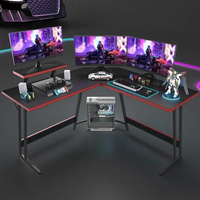 Alt view image 2 of 7 - Devoko L Shaped Gaming Desk Computer Desk 51 Office Corner Desk with Monitor Stand Home Gaming Writing Study Table Workstation (Carbon Fibre Black)