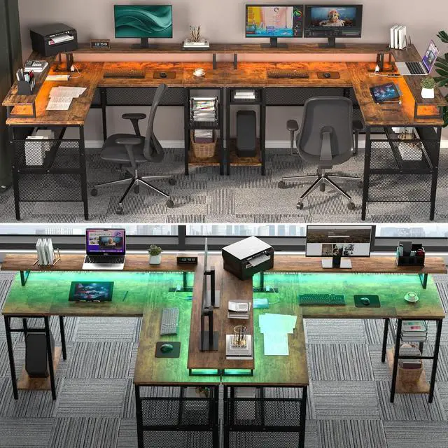 Alt view image 7 of 7 - Unikito L Shaped Desk with LED Light and Power Outlet, Reversible Corner Computer Table with Monitor Stand and Storage Shelf, Modern L- Shaped Gaming Desk, Ergonomic Home Office Desk, Rustic Brown