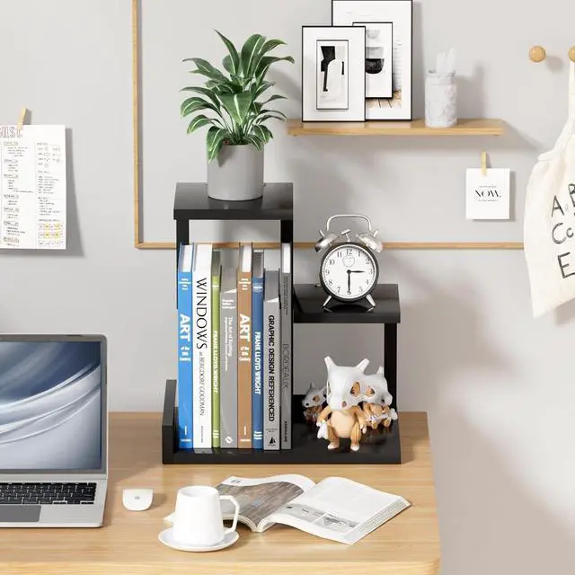 Alt view image 2 of 7 - Gannyfer Wood Desktop Shelf - Freestanding Small Bookshelf Desk Supplies Organizers, 3 Tier Storage Display Rack Office Decor, Stand Shelves with Metal Frame for Books/Plants/Toys(Black)