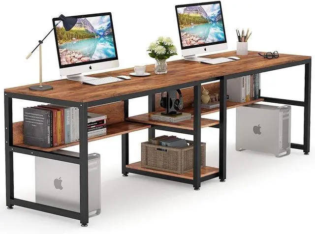 Main image of Tribesigns Two Person Desk with Bookshelf, 78.7 Computer Office Double Desk for Two Person, Rustic Writing Desk Workstation with Shelf for Home Office (Brown)