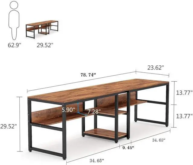 Alt view image 3 of 7 - Tribesigns Two Person Desk with Bookshelf, 78.7 Computer Office Double Desk for Two Person, Rustic Writing Desk Workstation with Shelf for Home Office (Brown)