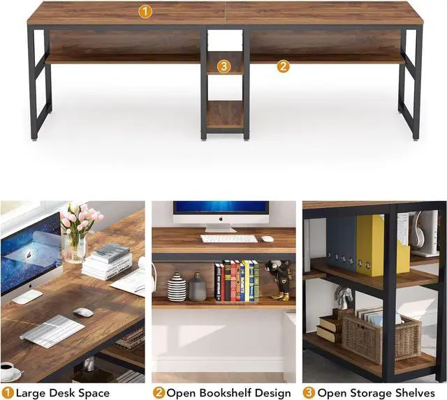 Alt view image 7 of 7 - Tribesigns Two Person Desk with Bookshelf, 78.7 Computer Office Double Desk for Two Person, Rustic Writing Desk Workstation with Shelf for Home Office (Brown)