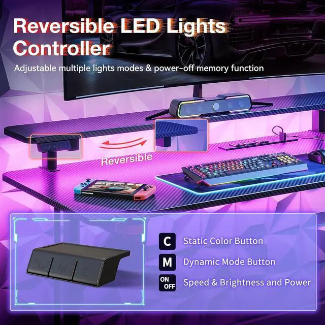 Alt view image 7 of 7 - MOTPK 32 Inch Small Gaming Desk with LED Lights & Power Outlets, Computer Desk Gaming Table with Monitor Shelf, Gamer Desk with Carbon Fiber Texture, Kids Boys Desk Gift for Men