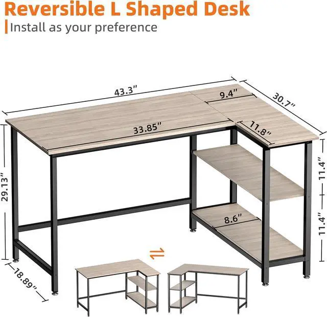 Alt view image 3 of 6 - WOODYNLUX L Shaped Computer Desk - 43 Inch Home Office Desk with Shelf, Gaming Desk Corner Table for Work, Writing and Study, Space-Saving, Gray
