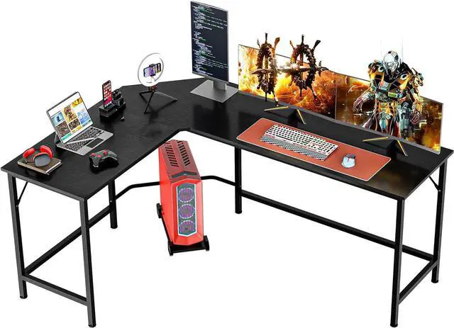 Main image of SUPER DEAL 66" L Shaped Gaming Corner Computer Desk with CPU Stand and Foot Rest Bar, PC Laptop Study Table Workstation Gaming Desk for Home Office, Black