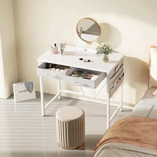 Alt view image 2 of 7 - Maihail Small Desk with Drawers, 31.5 inch Computer Desk with Drawers, Writing Table for Small Spaces, Office Table with Metal Frame, White