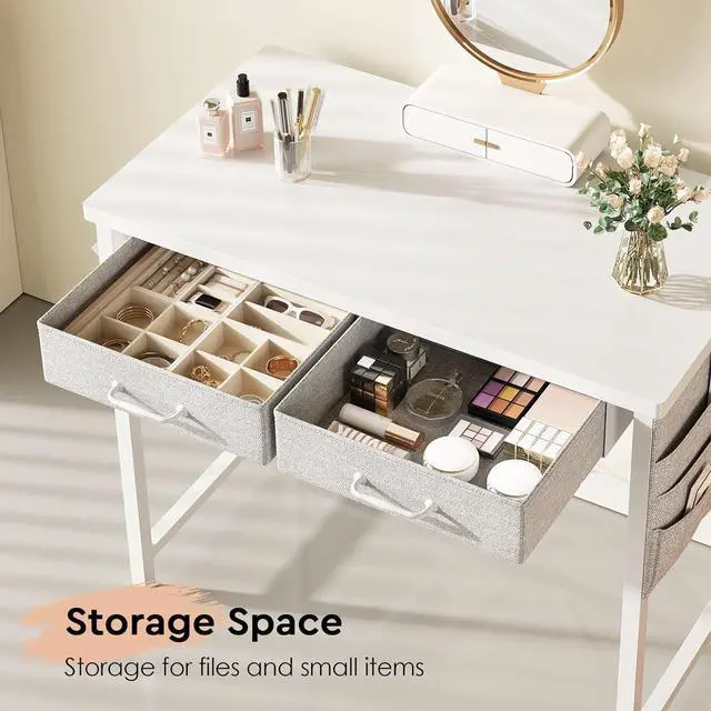 Alt view image 5 of 7 - Maihail Small Desk with Drawers, 31.5 inch Computer Desk with Drawers, Writing Table for Small Spaces, Office Table with Metal Frame, White