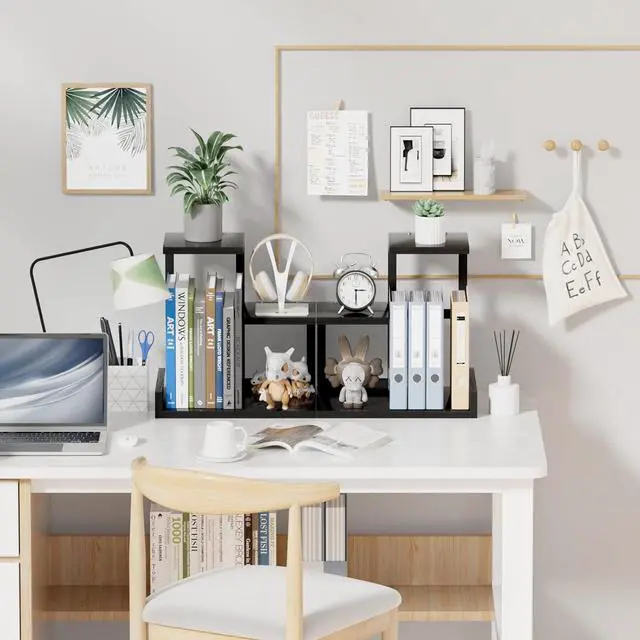 Alt view image 6 of 7 - Gannyfer Wood Desktop Shelf - Freestanding Small Bookshelf Desk Supplies Organizers, 3 Tier Storage Display Rack Office Decor, Stand Shelves with Metal Frame for Books/Plants/Toys(Black)