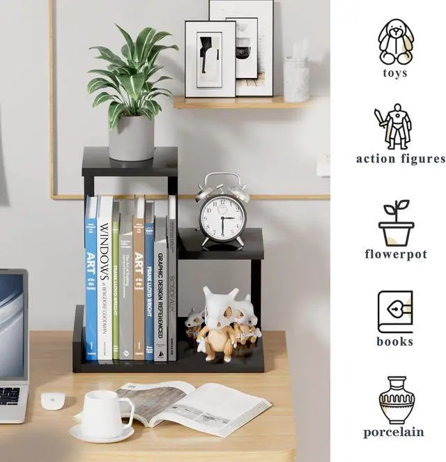 Alt view image 7 of 7 - Gannyfer Wood Desktop Shelf - Freestanding Small Bookshelf Desk Supplies Organizers, 3 Tier Storage Display Rack Office Decor, Stand Shelves with Metal Frame for Books/Plants/Toys(Black)