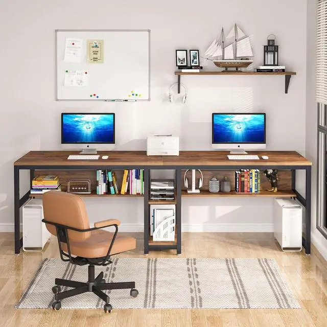 Alt view image 5 of 7 - Tribesigns Two Person Desk with Bookshelf, 78.7 Computer Office Double Desk for Two Person, Rustic Writing Desk Workstation with Shelf for Home Office (Brown)