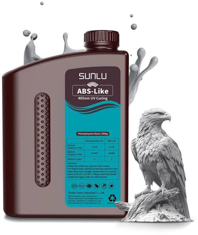 Main image of SUNLU 2000G ABS Like Resin For 3D Printer, 405nm UV Curing Photopolymer Rapid 3D Resin For 2K 4K 6K 8K LCD/DLP/SLA 3D Printers, Non-Brittle & High Precision & Low Shrinkage, 2KG, Grey