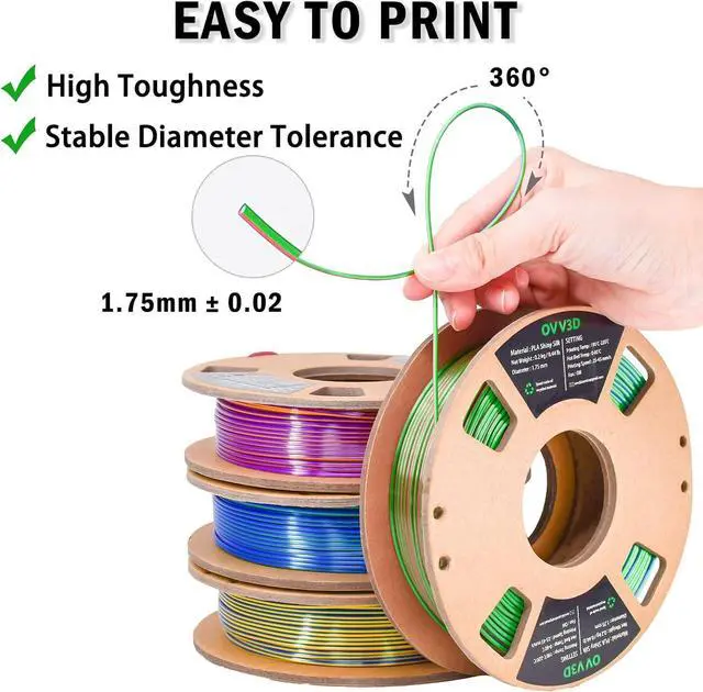 Alt view image 6 of 7 - PLA Filament 1.75mm, Tri-Colors 3D Printer Filament, Rainbow PLA Filament Bundle, Coextrusion 3D Filament with Silk PLA Color Change, 3D Printing Filament +/-0.02mm, 200g X 4 Spool