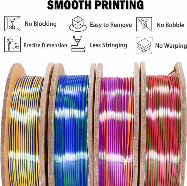 Alt view image 5 of 7 - PLA Filament 1.75mm, Tri-Colors 3D Printer Filament, Rainbow PLA Filament Bundle, Coextrusion 3D Filament with Silk PLA Color Change, 3D Printing Filament +/-0.02mm, 200g X 4 Spool