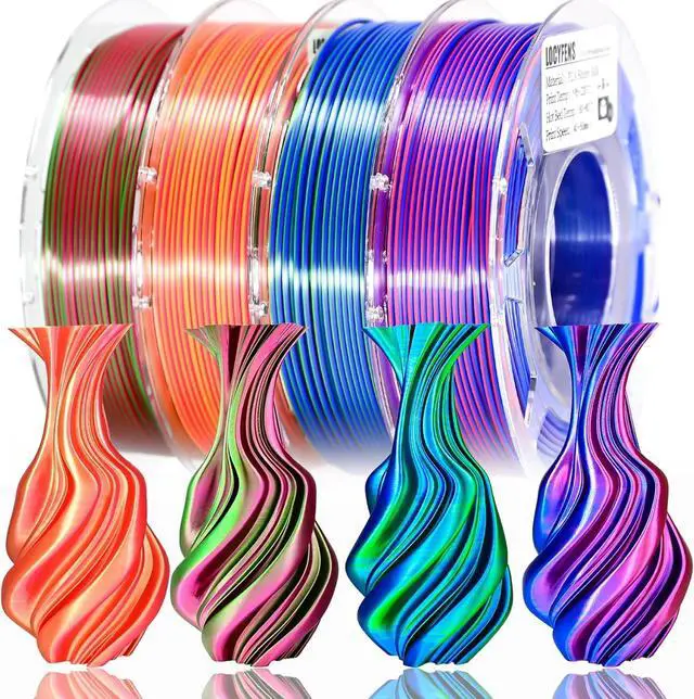 Main image of 3D Printer Filament PLA, Rainbow PLA Filament 1.75mm +/-0.02mm, Silk PLA Dual Color Filament, 2 in 1 Coextrusion 3D Filament Bundle 200g x 4 Spools