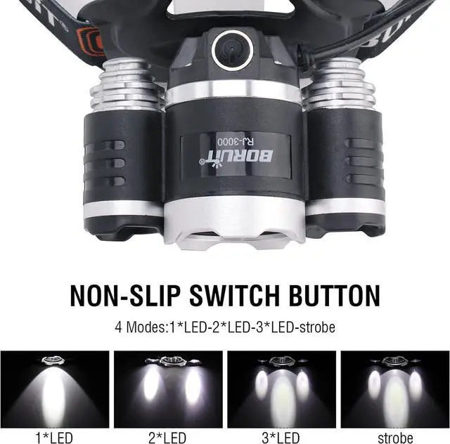Alt view image 3 of 7 - BORUIT RJ-3000 Headlamp Rechargeable LED Head Lamp Super Bright 5000 Lumen Outdoor Headlight 4 Modes, 4 Helmet Clips Waterproof Construction Hard Hat Head Light Adults Camping Hiking Hunting Gear