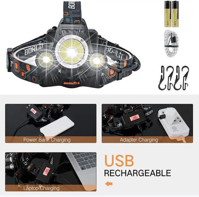 Alt view image 6 of 7 - BORUIT RJ-3000 Headlamp Rechargeable LED Head Lamp Super Bright 5000 Lumen Outdoor Headlight 4 Modes, 4 Helmet Clips Waterproof Construction Hard Hat Head Light Adults Camping Hiking Hunting Gear