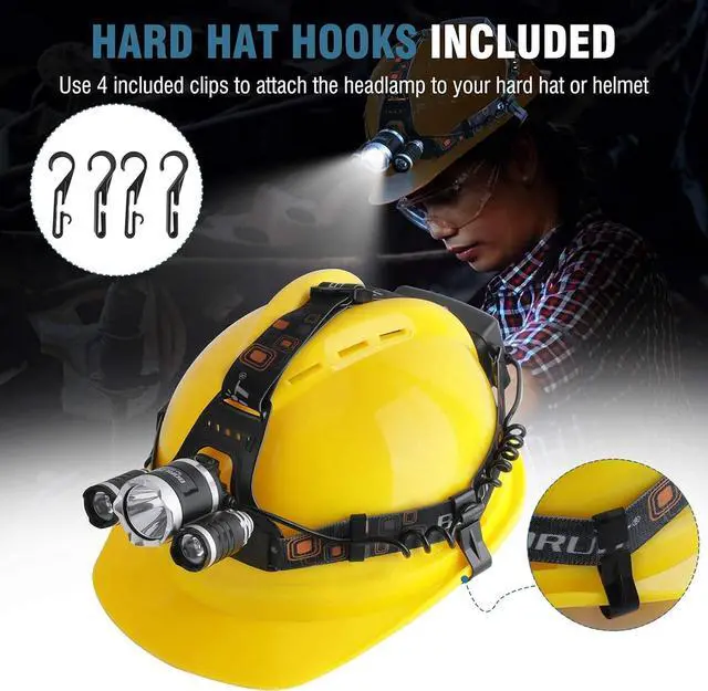 Alt view image 7 of 7 - BORUIT RJ-3000 Headlamp Rechargeable LED Head Lamp Super Bright 5000 Lumen Outdoor Headlight 4 Modes, 4 Helmet Clips Waterproof Construction Hard Hat Head Light Adults Camping Hiking Hunting Gear