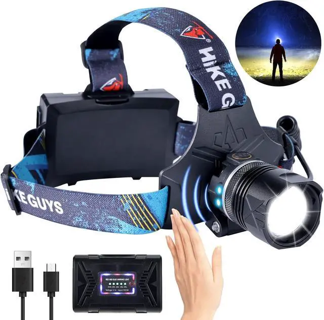 Main image of LED Rechargeable Headlamp, Headlight 90000 Lumens Super Bright with 6 Modes & IPX5 Warning Light, Motion Sensor Adjustable Headband Head Lamp, 60° for Adult Outdoor Camping Running Cycling