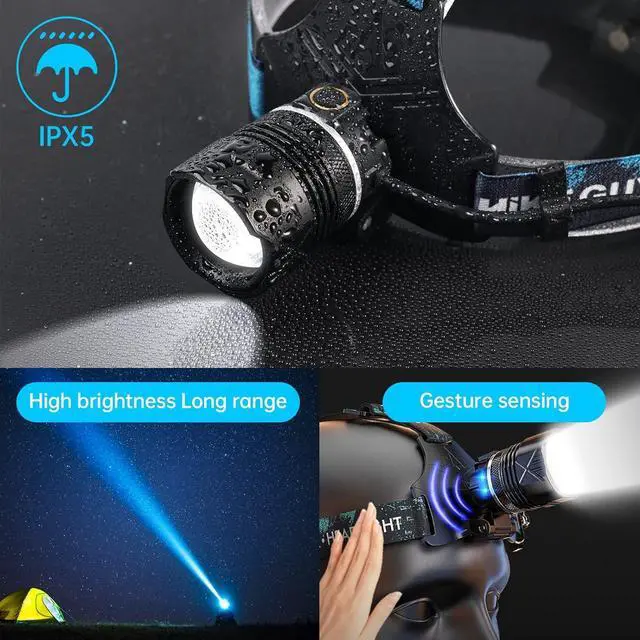 Alt view image 6 of 7 - LED Rechargeable Headlamp, Headlight 90000 Lumens Super Bright with 6 Modes & IPX5 Warning Light, Motion Sensor Adjustable Headband Head Lamp, 60° for Adult Outdoor Camping Running Cycling