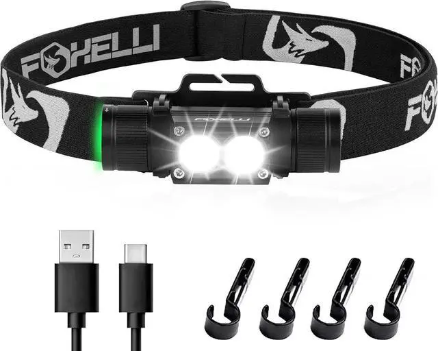 Main image of Foxelli Ultra Bright Rechargeable Headlamp  18650 Battery, IPX7 Waterproof, 1200 Lumen LED Light for Work & Outdoors, with Battery & Hooks - Perfect for Hard Hat or Helmet