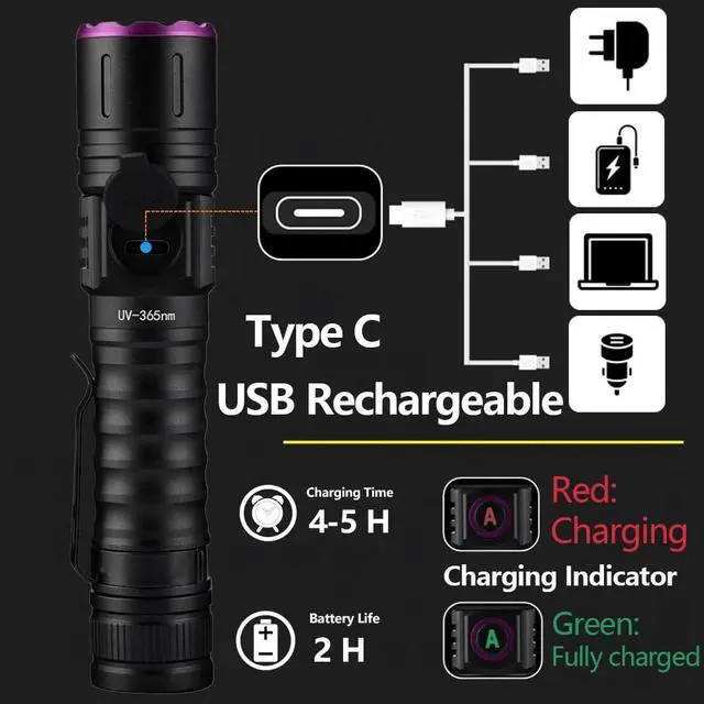 Alt view image 3 of 7 - ALONEFIRE SV87 365nm UV Flashlight Zoom 5W Type C USB Rechargeable Black Light Money Detector for Resin Curing, Pet Urine Detection, Scorpion, Fishing, Minerals, Leaks, Cure Glue with Battery