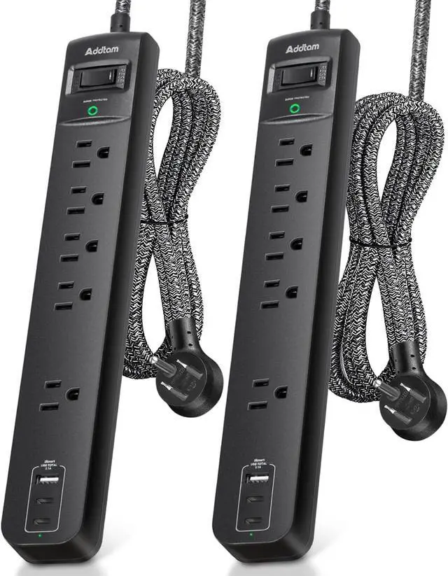 Main image of 2 Pack Power Strip Surge Protector - 5 Widely Spaced Outlets 3 USB Charging Ports, 1875W/15A with 6Ft Braided Extension Cord, Flat Plug, Overload Surge Protection, Wall Mount for Home Office