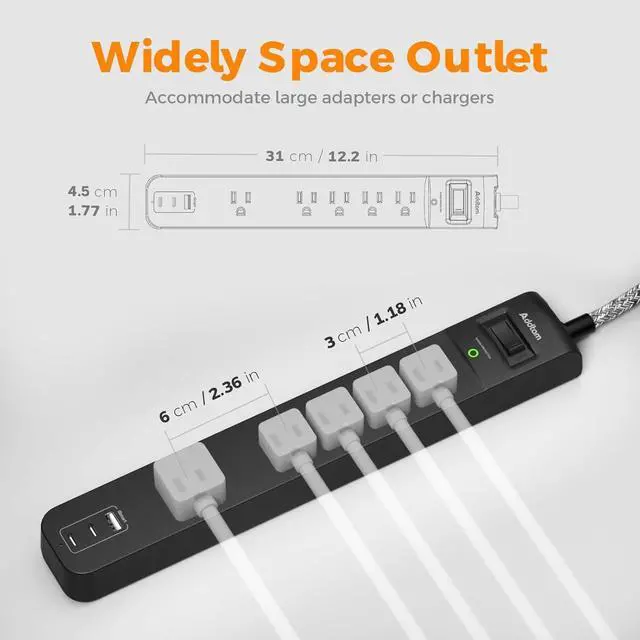 Alt view image 3 of 7 - 2 Pack Power Strip Surge Protector - 5 Widely Spaced Outlets 3 USB Charging Ports, 1875W/15A with 6Ft Braided Extension Cord, Flat Plug, Overload Surge Protection, Wall Mount for Home Office