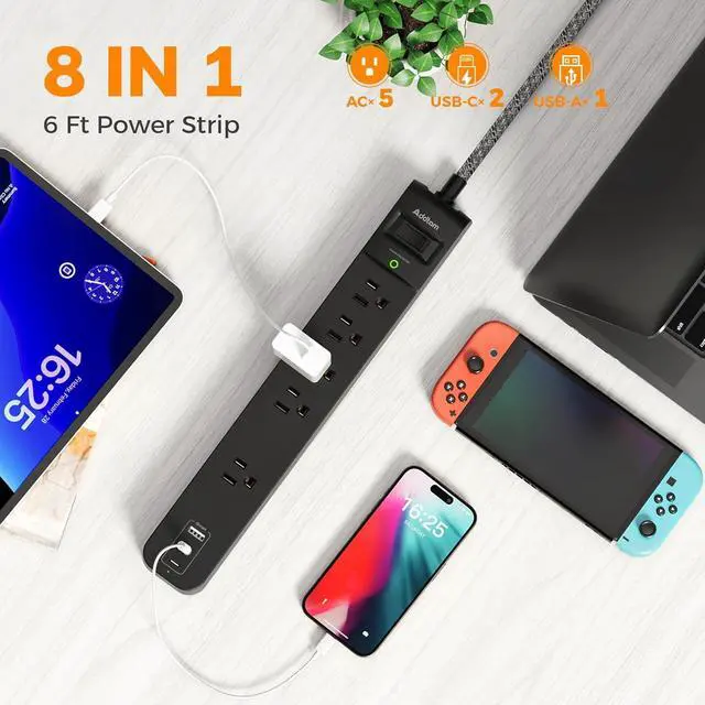Alt view image 2 of 7 - 2 Pack Power Strip Surge Protector - 5 Widely Spaced Outlets 3 USB Charging Ports, 1875W/15A with 6Ft Braided Extension Cord, Flat Plug, Overload Surge Protection, Wall Mount for Home Office