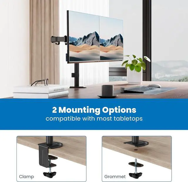 Alt view image 3 of 7 - Mount-It! Dual Monitor Mount, Dual Monitor Arm for 2 Screens on Desk, Adjustable Tilt and Swivel Arms for Double Screen up to 32 and 19.8 Lbs VESA 75x75 and 100x100 C-clamp & Grommet