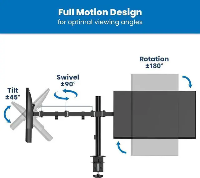 Alt view image 6 of 7 - Mount-It! Dual Monitor Mount, Dual Monitor Arm for 2 Screens on Desk, Adjustable Tilt and Swivel Arms for Double Screen up to 32 and 19.8 Lbs VESA 75x75 and 100x100 C-clamp & Grommet