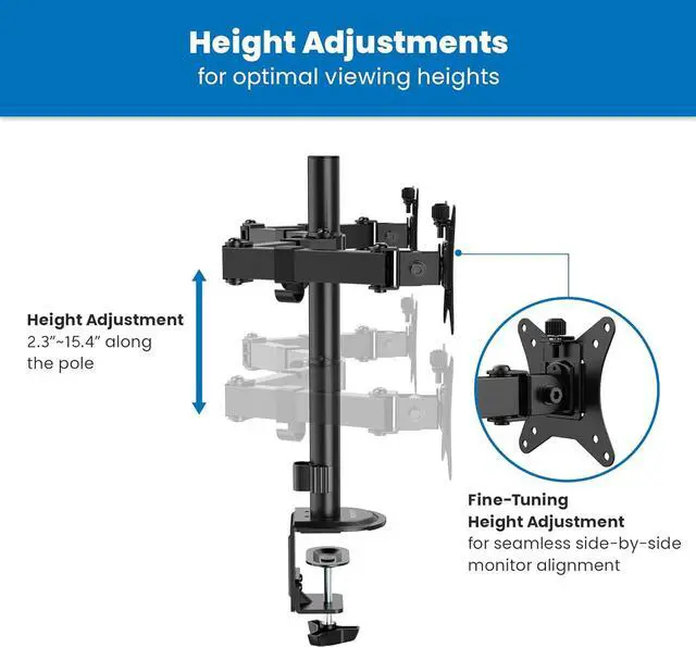Alt view image 7 of 7 - Mount-It! Dual Monitor Mount, Dual Monitor Arm for 2 Screens on Desk, Adjustable Tilt and Swivel Arms for Double Screen up to 32 and 19.8 Lbs VESA 75x75 and 100x100 C-clamp & Grommet