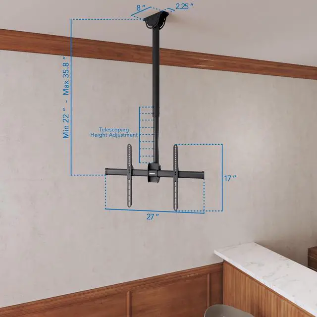 Alt view image 6 of 7 - Mount-It! TV Ceiling Mount Bracket, Adjustable Height Full Motion 360 Deg Rotation Tilting Swiveling for Flat Panel LCD LED OLED Plasma TVs, Fits up to 75 Inch 110 Pound Capacity, Black (MI-509B)