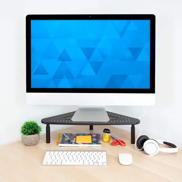 Alt view image 2 of 7 - Corner Monitor Stand | Adjustable Height Corner Desk Shelf | Triangle Screen Riser, Ergonomic Space Saving Design, Ventilated. (Metal, Black)
