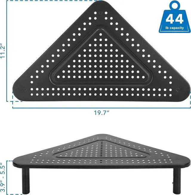 Alt view image 3 of 7 - Corner Monitor Stand | Adjustable Height Corner Desk Shelf | Triangle Screen Riser, Ergonomic Space Saving Design, Ventilated. (Metal, Black)
