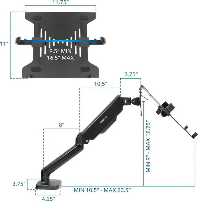 Alt view image 7 of 7 - Mount-It! Laptop Desk Arm | Swivel Laptop Stand with Gas Spring Arm | Height Adjustable Laptop Arm Mount for MacBook, Dell, HP & 11-17 Inch Laptops