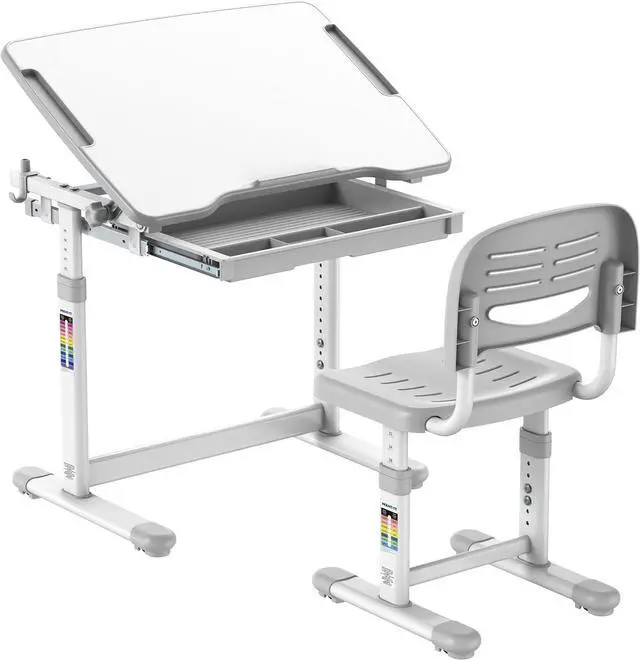 Main image of Mount-It! Kids Desk and Chair Set Height Adjustable up to 30" Ergonomic Kids Desk School, Kids Table and Chairs for Student 26" x 18" Tabletop with Pencil Drawer, 3-10 Age Children, Grey