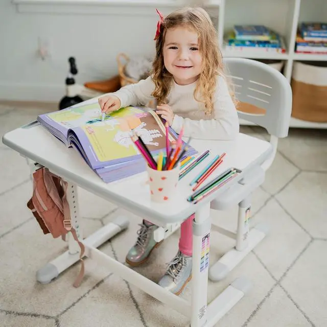Alt view image 2 of 7 - Mount-It! Kids Desk and Chair Set Height Adjustable up to 30" Ergonomic Kids Desk School, Kids Table and Chairs for Student 26" x 18" Tabletop with Pencil Drawer, 3-10 Age Children, Grey