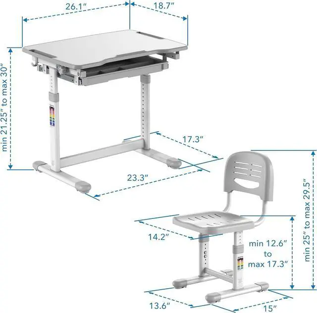 Alt view image 3 of 7 - Mount-It! Kids Desk and Chair Set Height Adjustable up to 30" Ergonomic Kids Desk School, Kids Table and Chairs for Student 26" x 18" Tabletop with Pencil Drawer, 3-10 Age Children, Grey